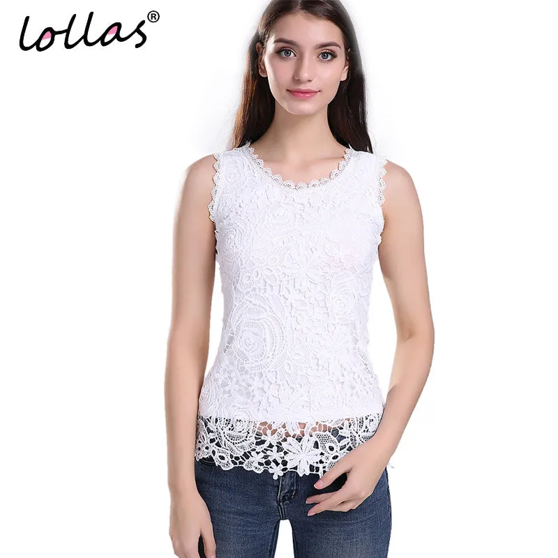 lollas Plus Size New Women Lace Vintage Sleeveless Blouse White Black Elegant Crochet Casual Shirts Tops S M L XL 2XL 3XL