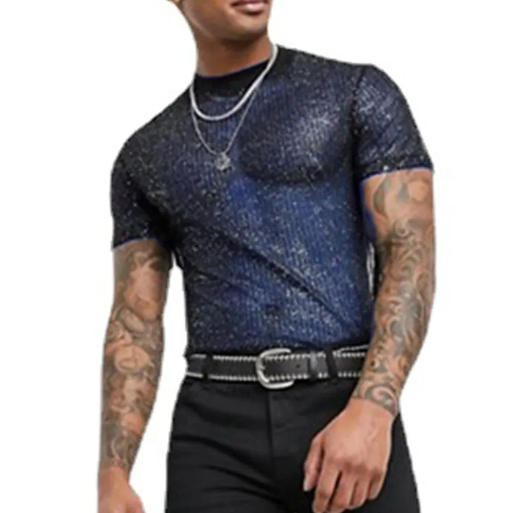 Men's Shiny See Through Mesh Short Sleeve Sequin Shirts