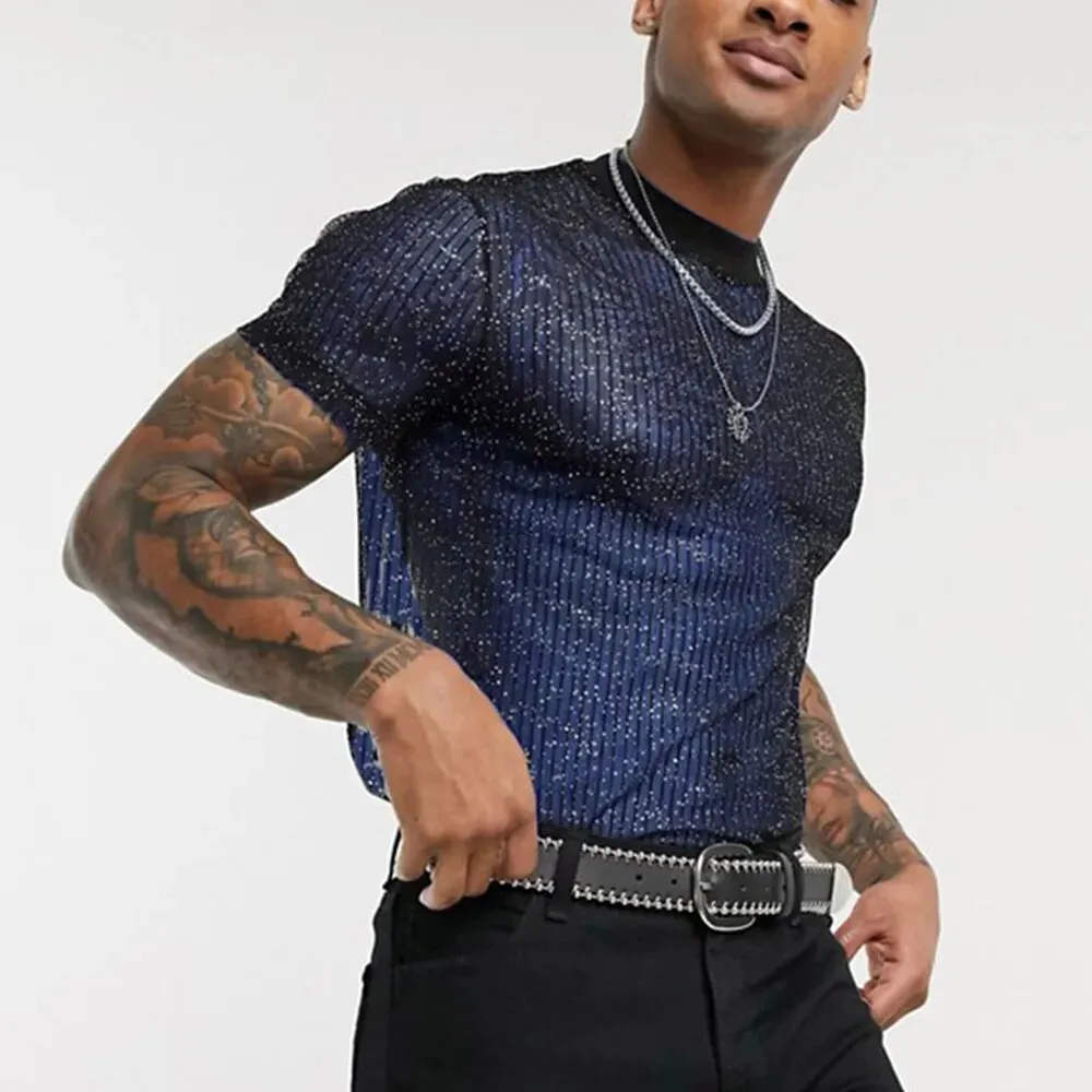 Men's Shiny See Through Mesh Short Sleeve Sequin Shirts