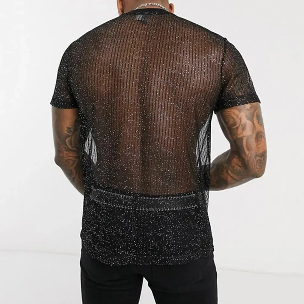 Men's Shiny See Through Mesh Short Sleeve Sequin Shirts