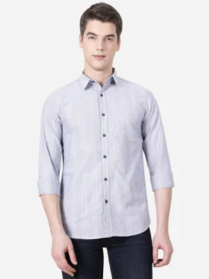 Neutral Grey Striped Slim Fit Semi Casual Shirt | JadeBlue