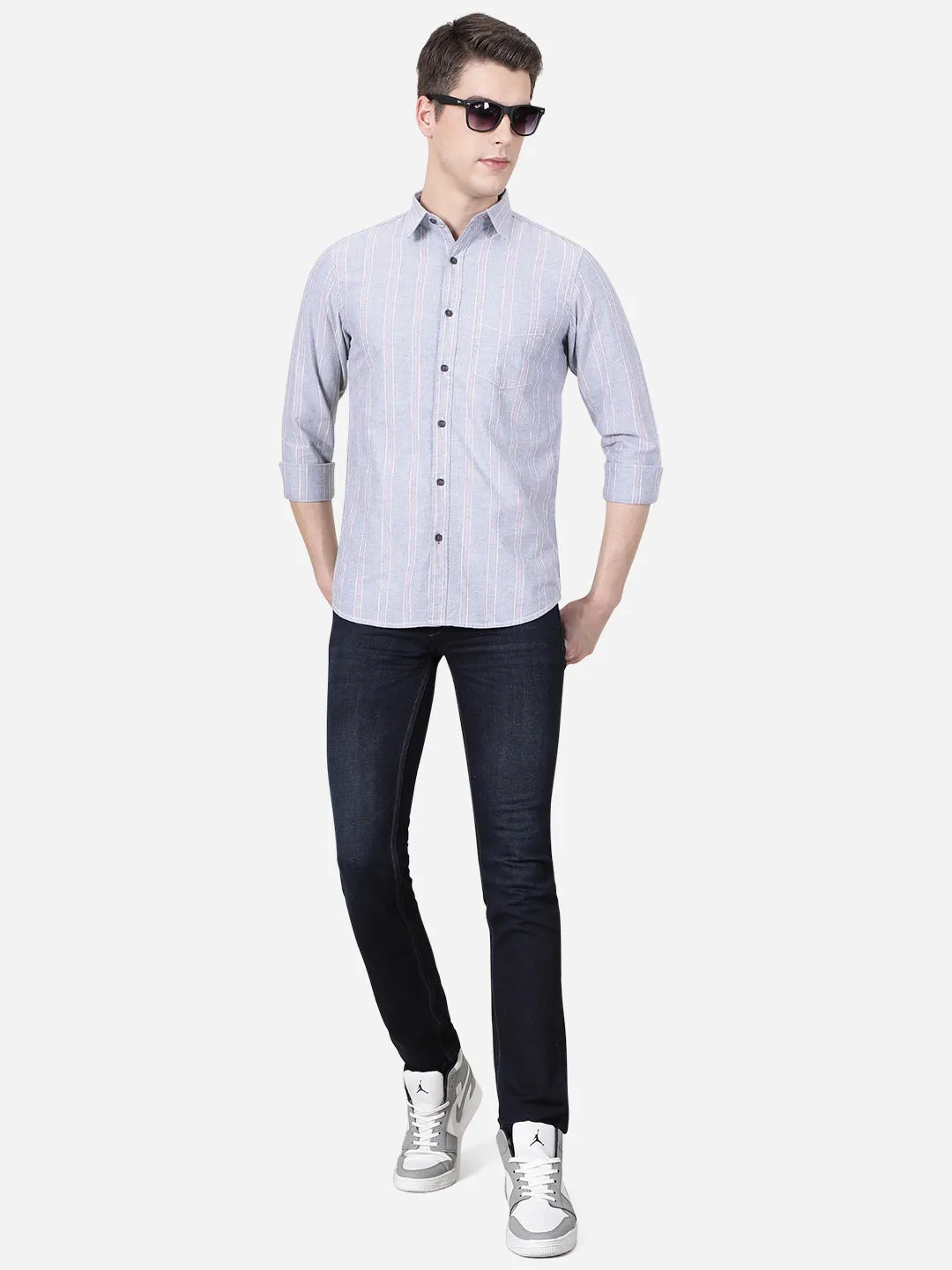 Neutral Grey Striped Slim Fit Semi Casual Shirt | JadeBlue