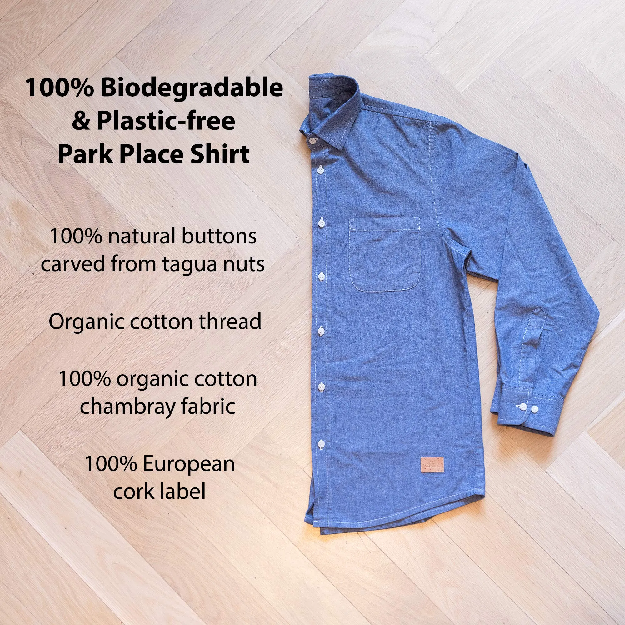 100% Organic Cotton Long-Sleeve Shirt by PARK PLACE with Biodegradable Nut Buttons (Plastic-Free)