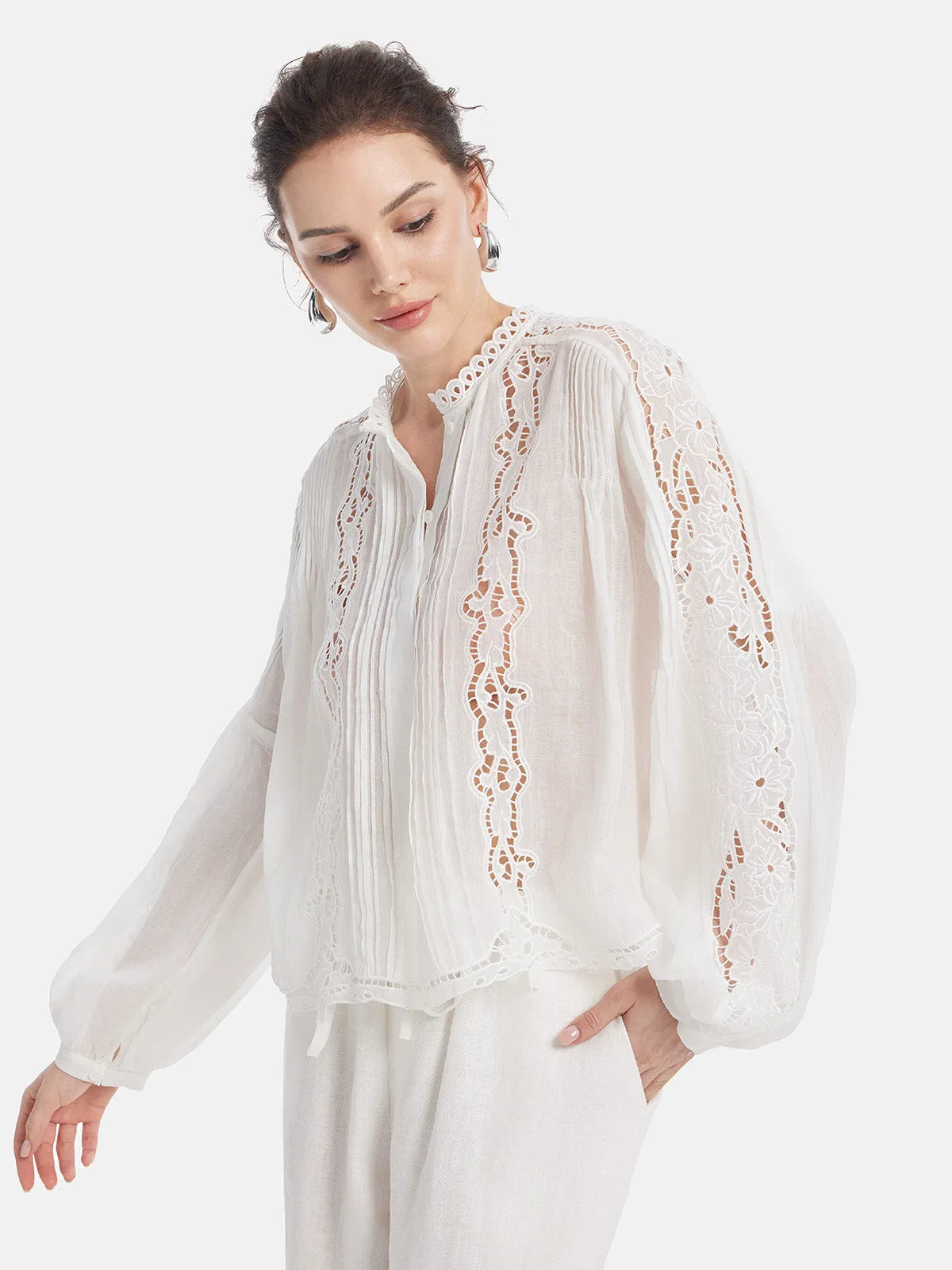 Pleated Hollow Embroidered Blouse