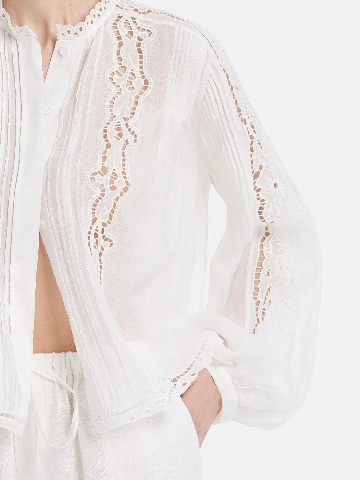 Pleated Hollow Embroidered Blouse