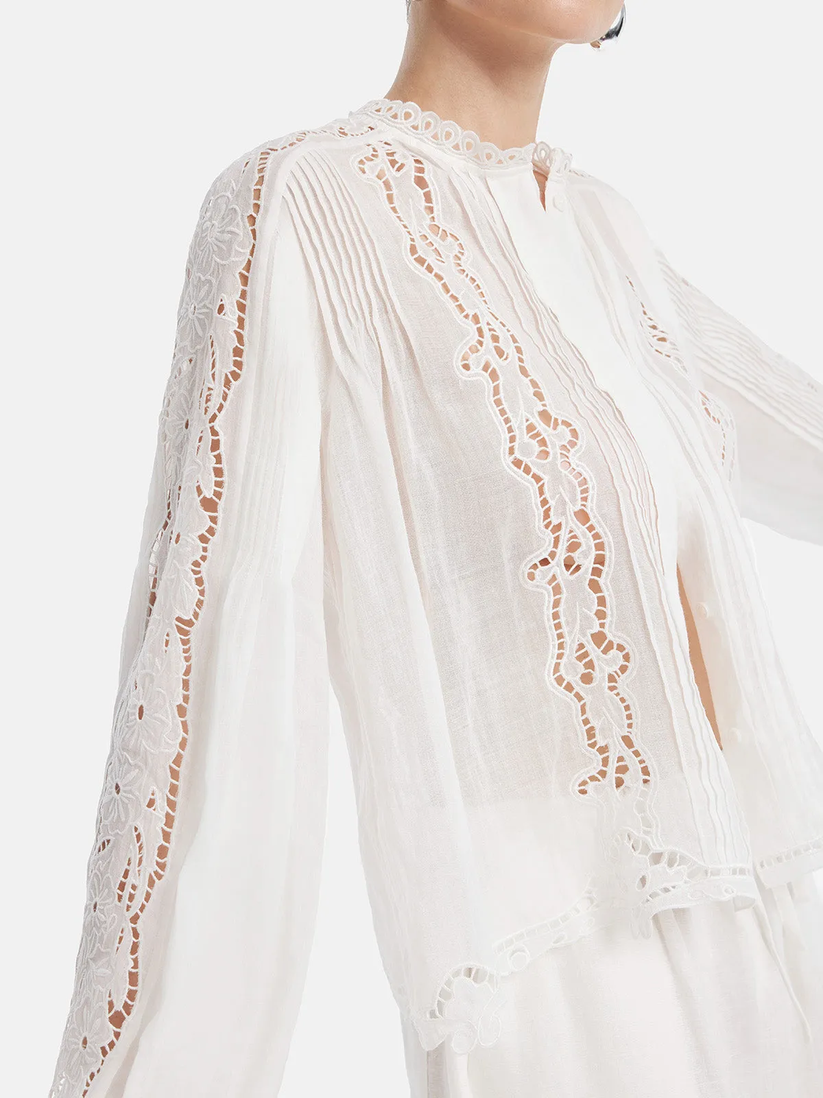 Pleated Hollow Embroidered Blouse