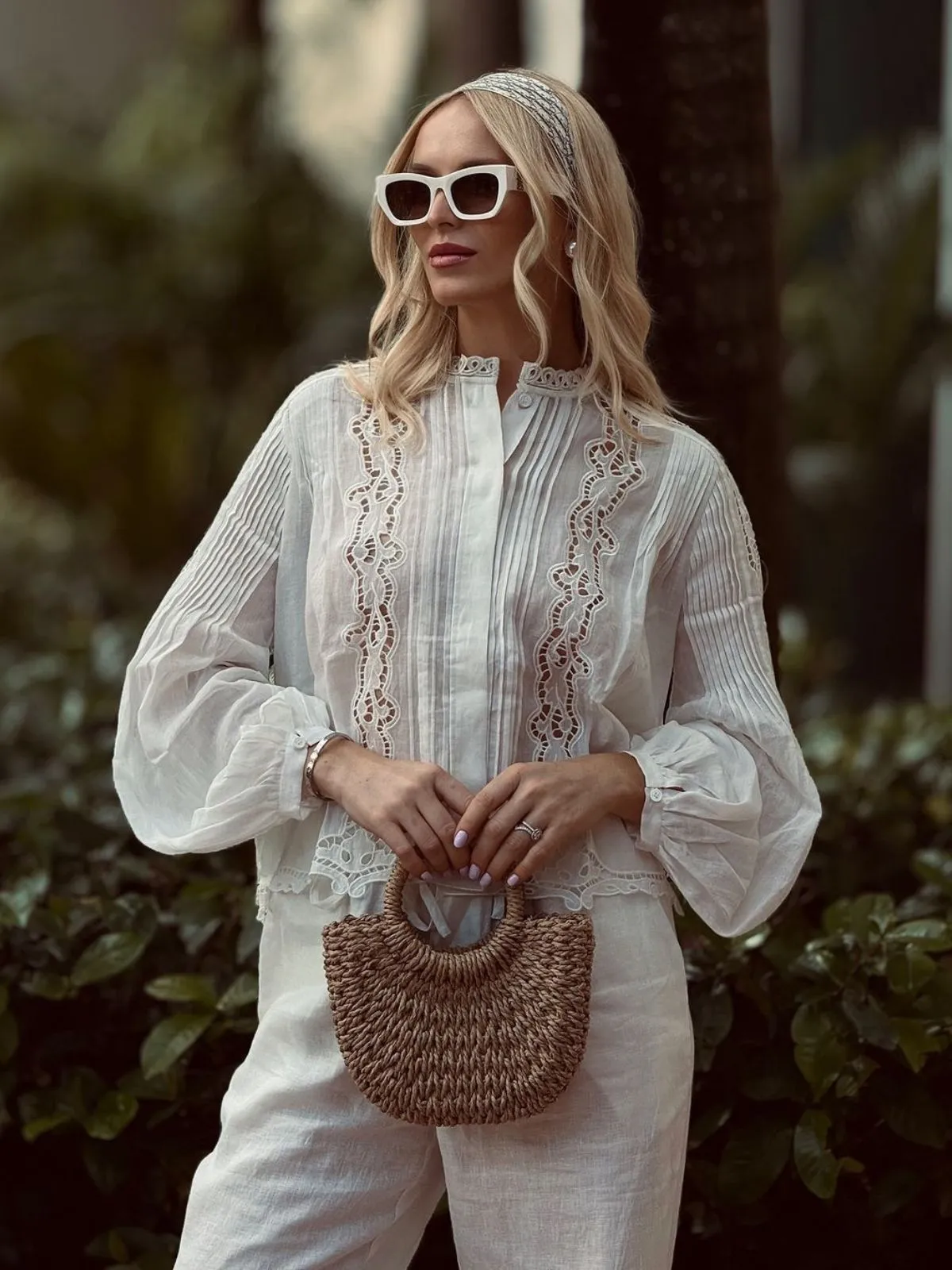 Pleated Hollow Embroidered Blouse