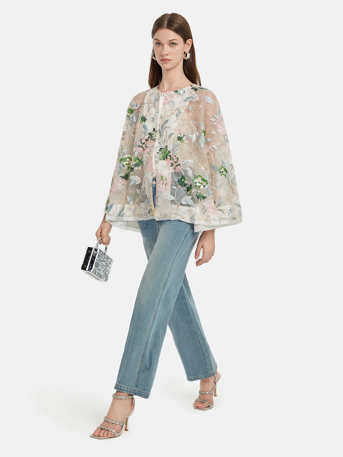 Sequin Floral Embroidered Shirt