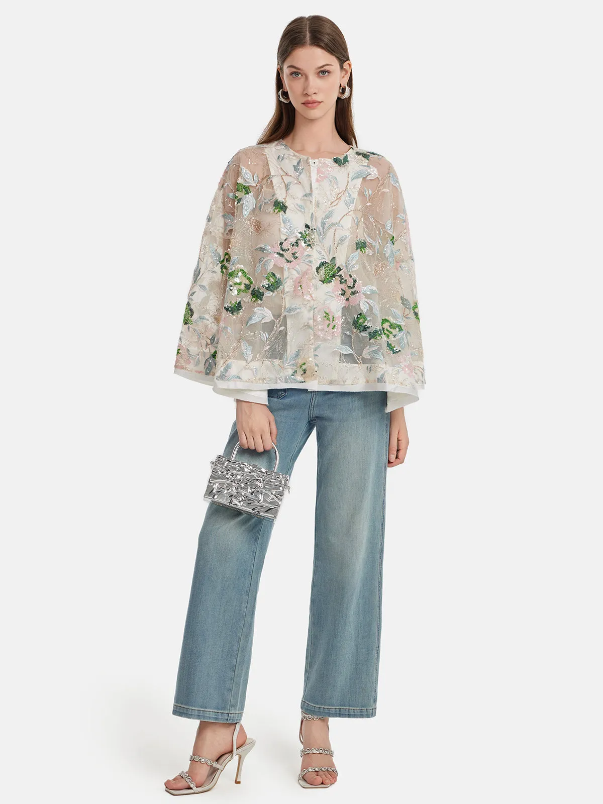 Sequin Floral Embroidered Shirt