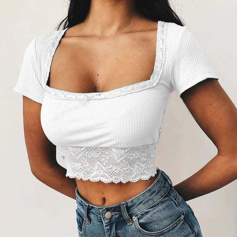 Sexy lace stitching sexy short square neck blouse women's summer