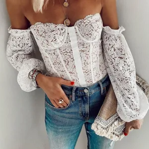 Sexy one-neck strapless lace-wrapped breast slim long-sleeved top