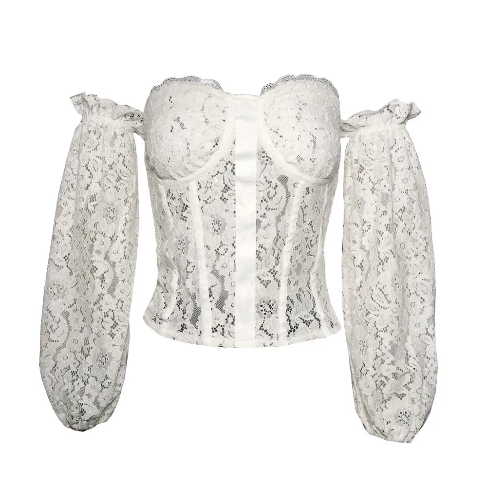 Sexy one-neck strapless lace-wrapped breast slim long-sleeved top