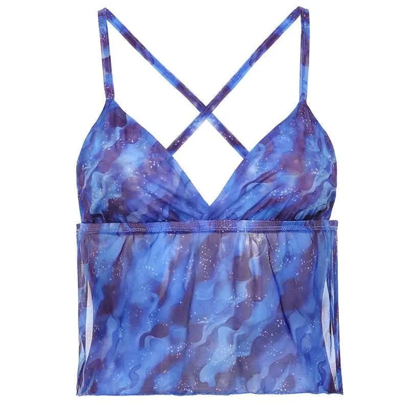 Starry sky ripple print contrast color mesh see-through camisole