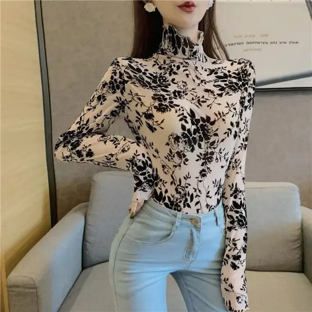 Transparent Flocking Mesh Blouses Shirts for Women