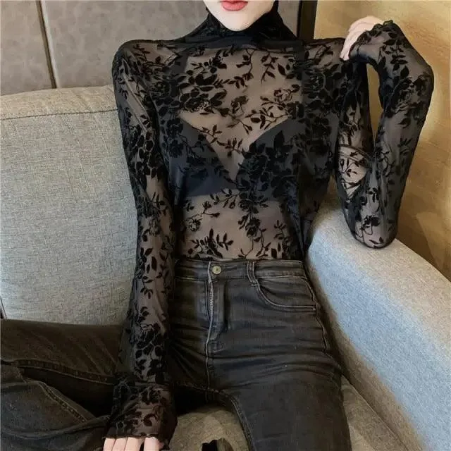 Transparent Flocking Mesh Blouses Shirts for Women