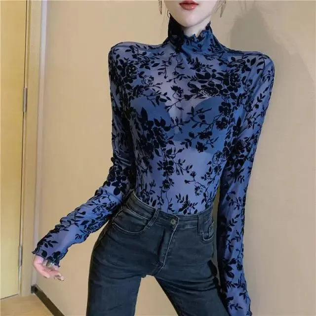 Transparent Flocking Mesh Blouses Shirts for Women