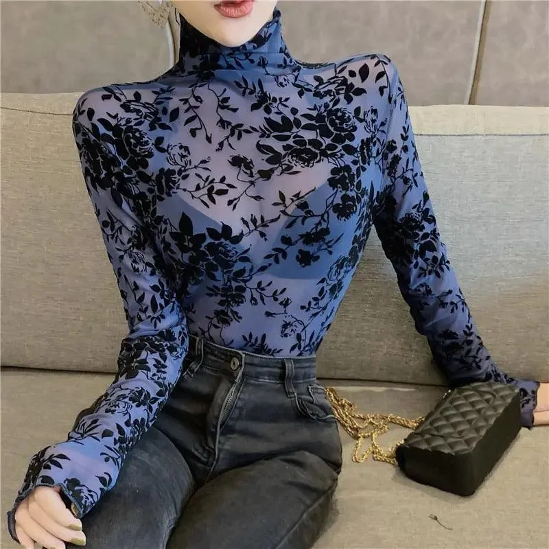 Transparent Flocking Mesh Blouses Shirts for Women