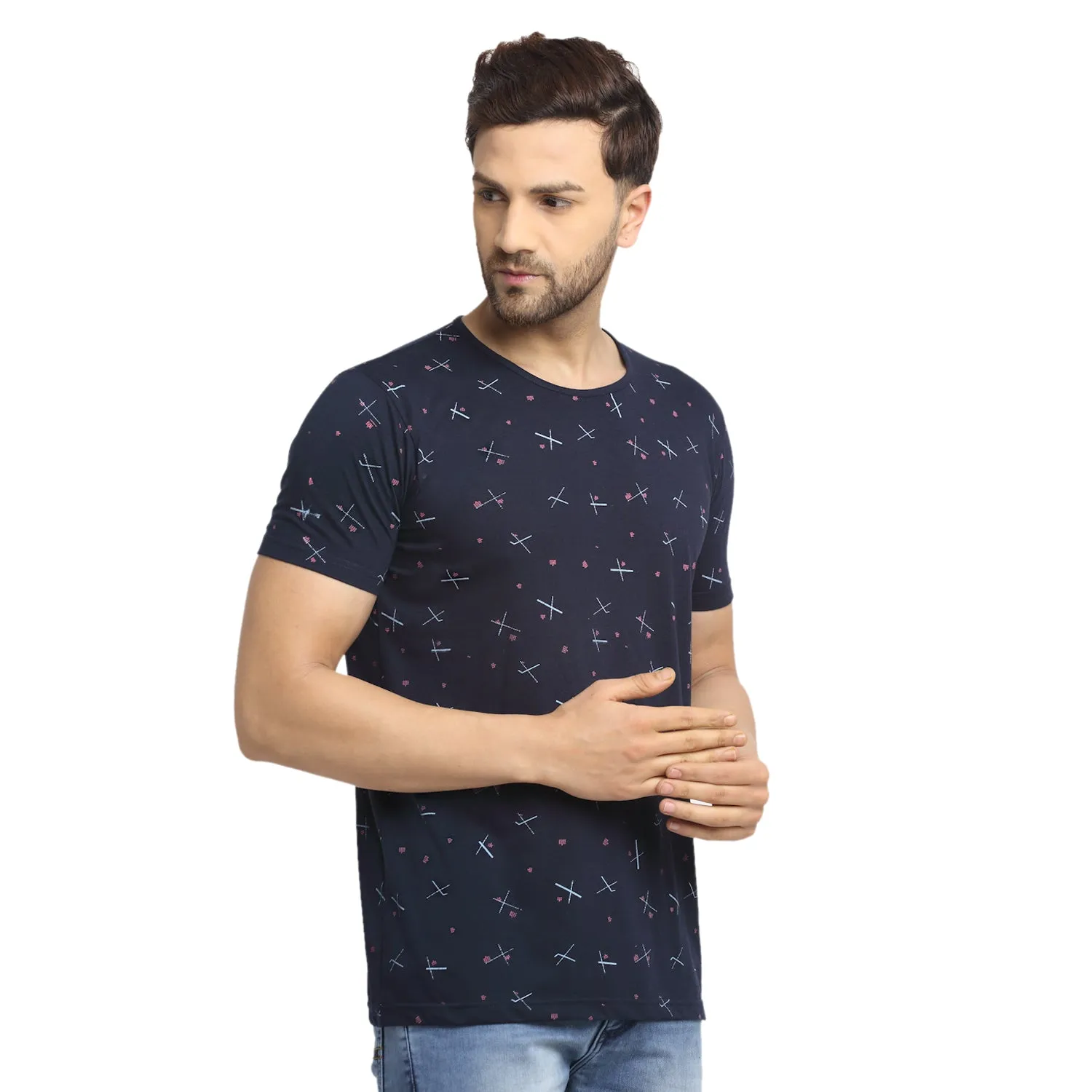 VIMAL JONNEY Men's Blue Printed Round Neck Tshirt