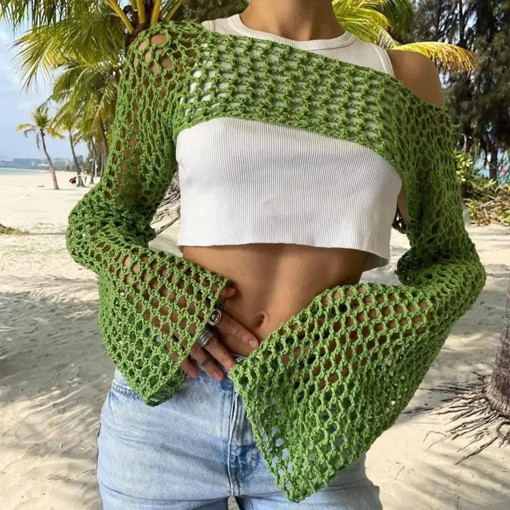 Women Sweater Cover Up Top Stylish Crochet Knit Hollow Out Blouse