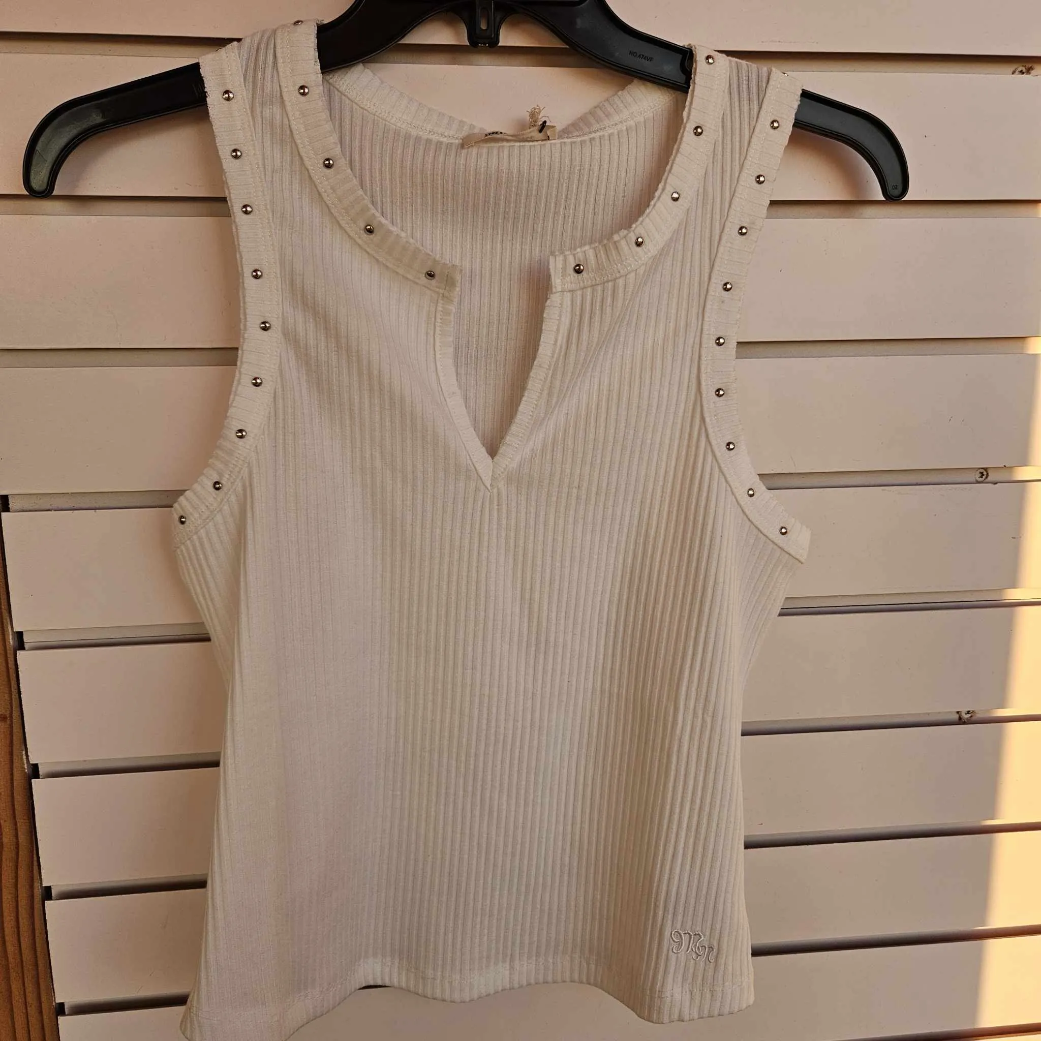 Women's Miss Me White Ribbed w/ Studs Tank Top