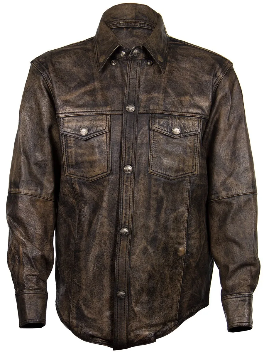 Xelement XS942 Men's 'Nickel' Distressed Brown Casual Biker Rider Leather Shirt with Vintage Buffalo Buttons